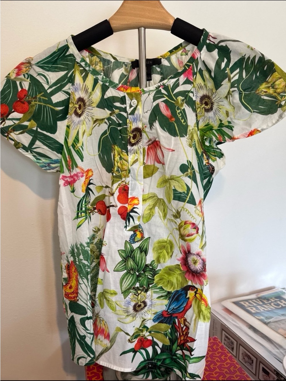 J. Crew White Tropical Floral & Parrot Pullover Blouse